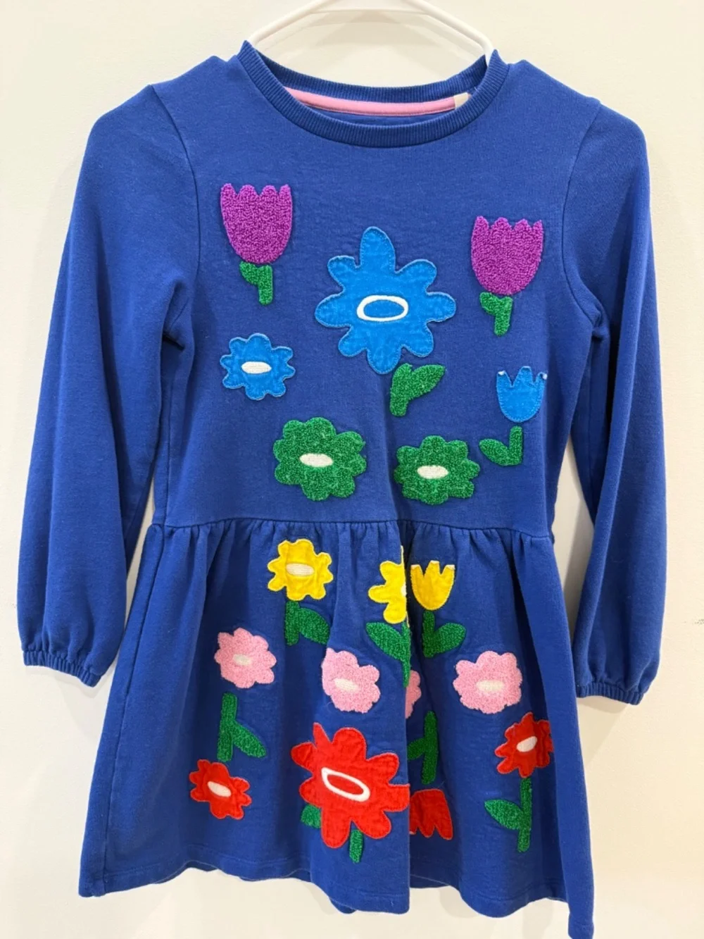 Mini Boden - Sapphire Blue Flowers Appliqué Sweatshirt Dress, Size 8-9y